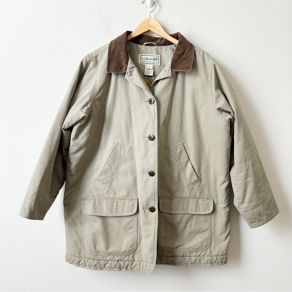 L.L. Bean Women's Khaki Chore Barn Utility Jacket Dark Brown Corduroy Collar 1X